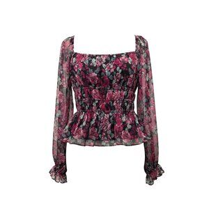 Lucy Paris Moody Floral Peplum Top Shirred Waist Ruffle Hem Balloon Sleeve Sz M